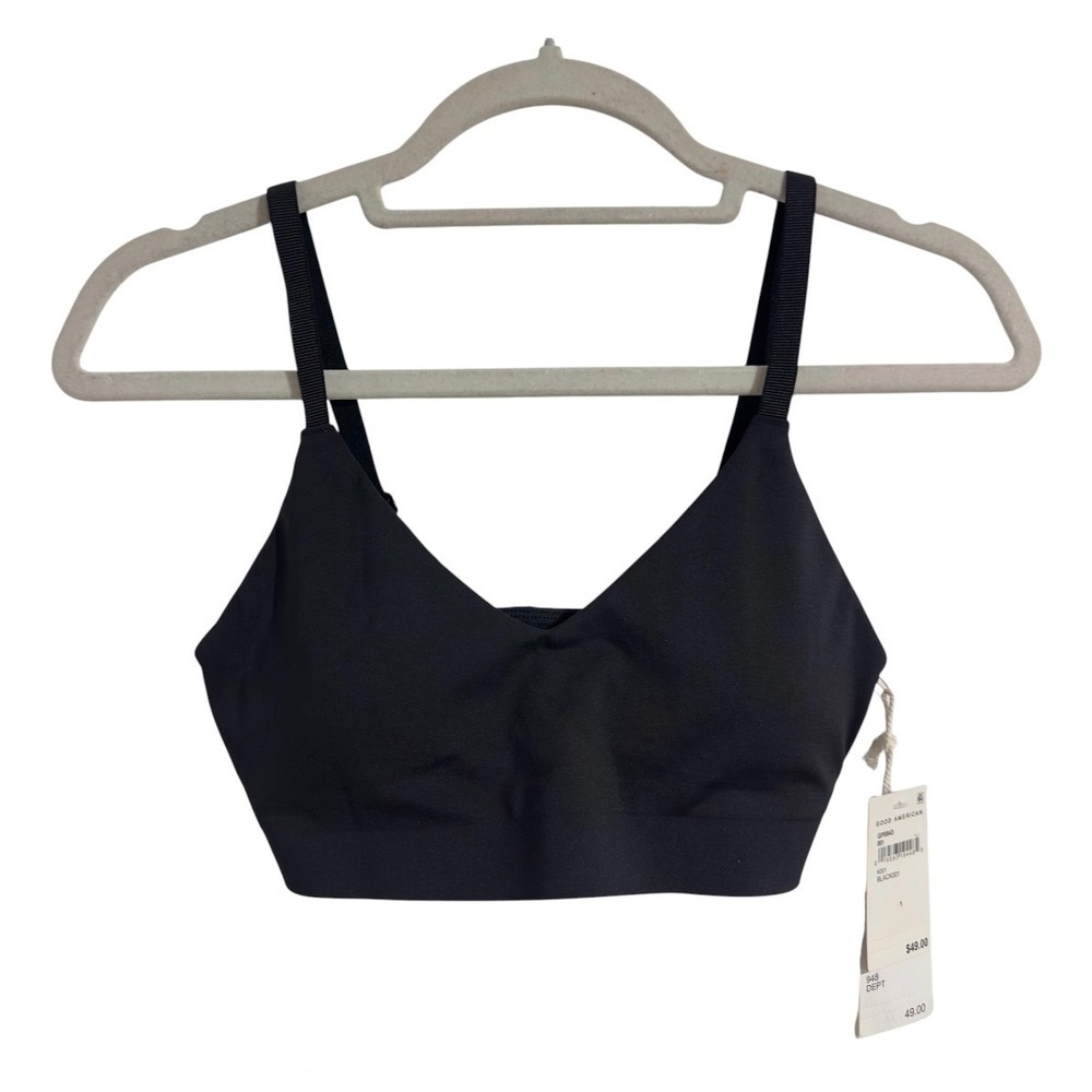 Good American Essential V-Neck Bra Black Adjustable Straps GP0843 Womens Size 1